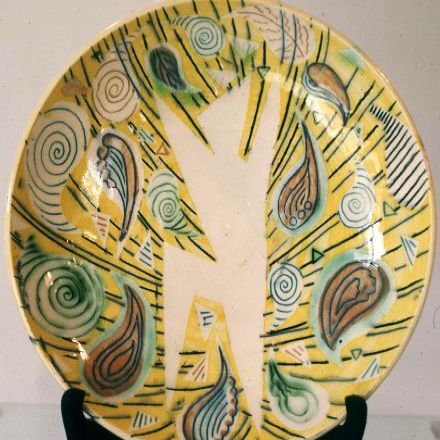 "Dancer Plate 2 " 12 " across - clear glaze over coloured slips -  sgraffito
